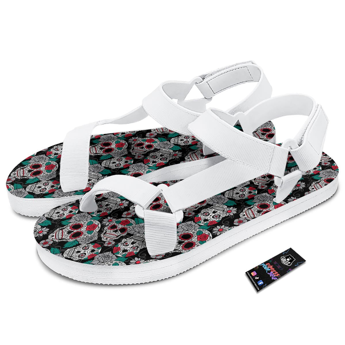 Sugar Skull Rose Floral Print Pattern White Open Toe Sandals-grizzshop
