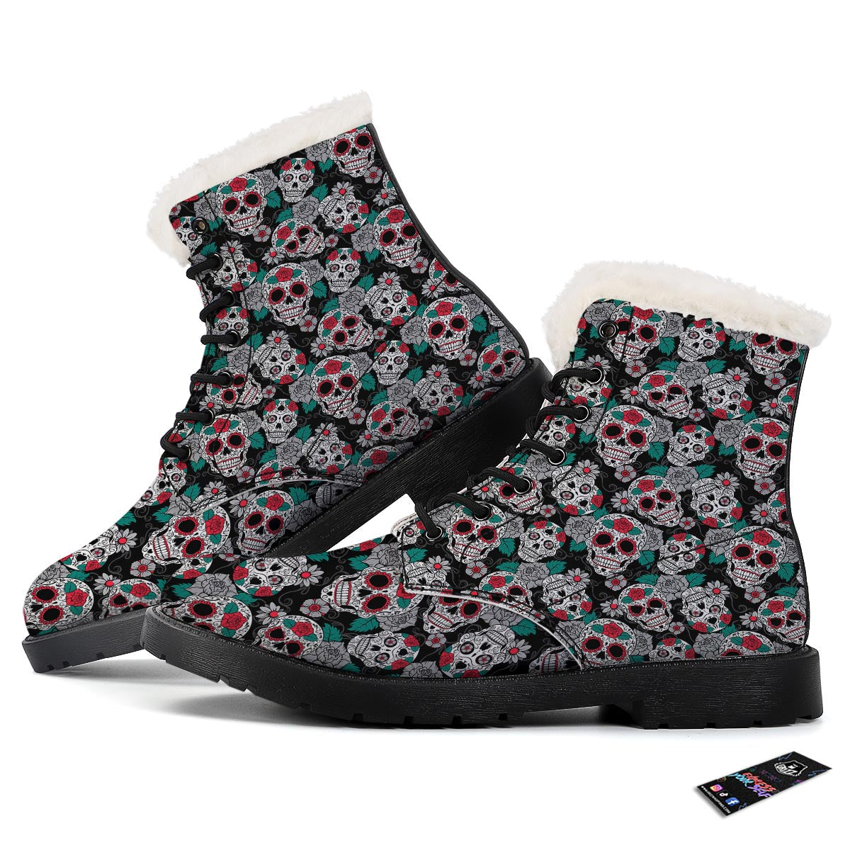 Sugar Skull Rose Floral Print Pattern Winter Boots-grizzshop