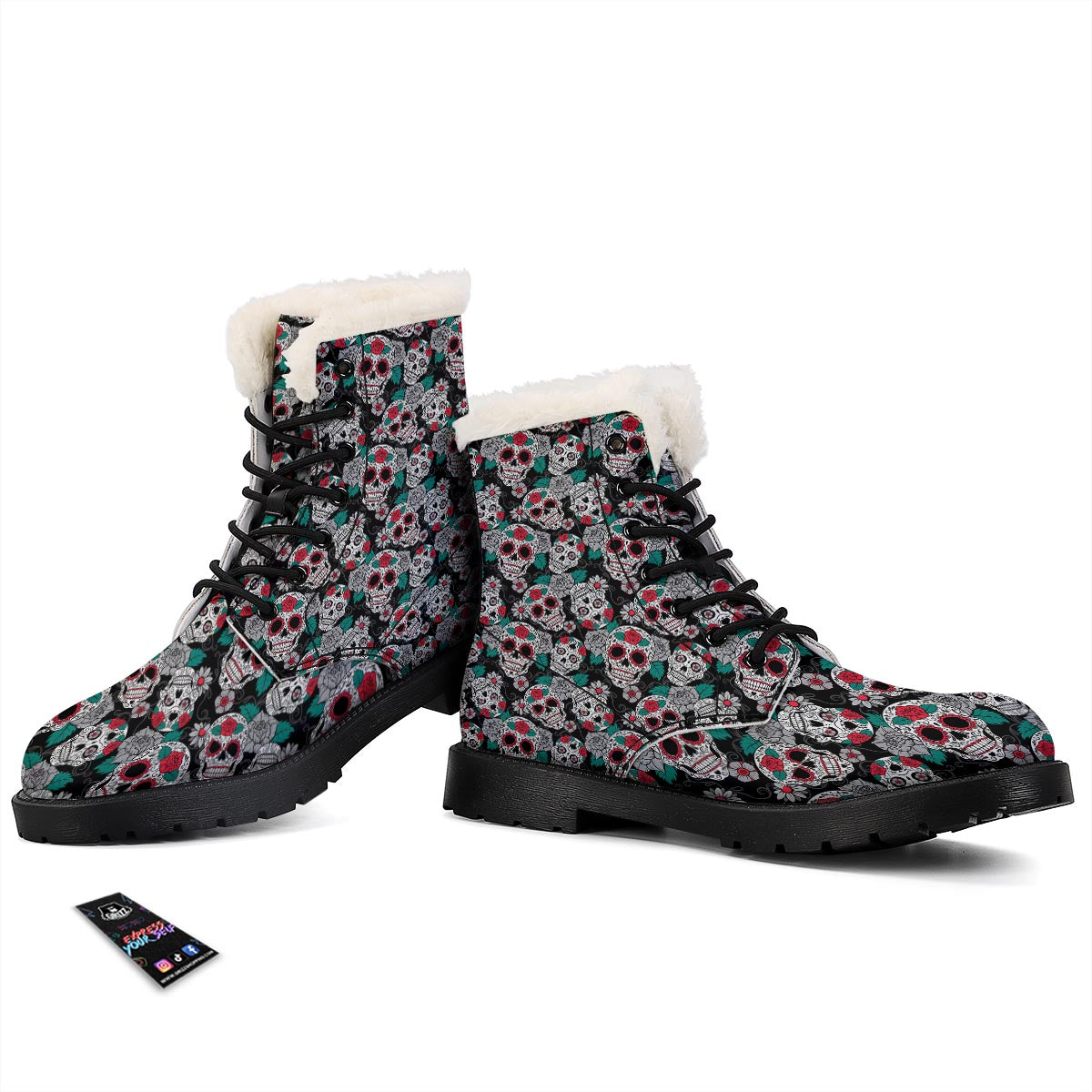Sugar Skull Rose Floral Print Pattern Winter Boots-grizzshop