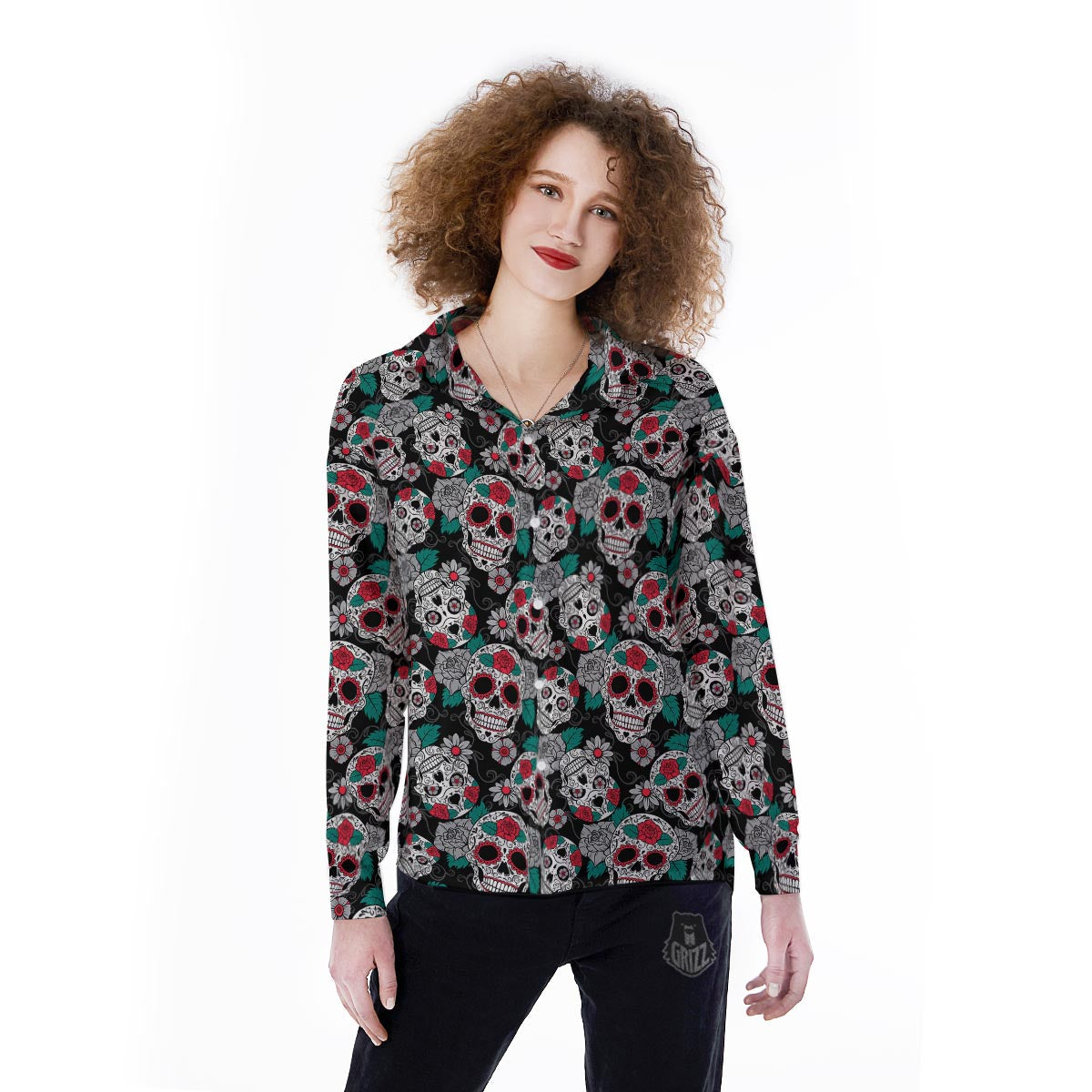 Sugar Skull Rose Floral Print Pattern Women's Long Sleeve Shirts-grizzshop