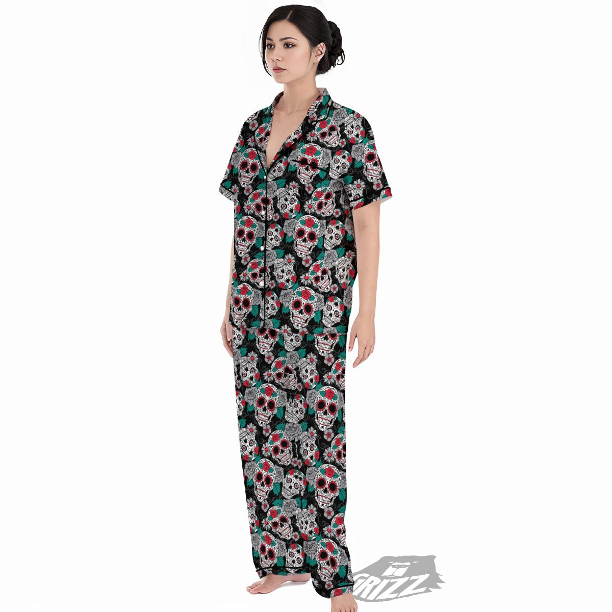 Sugar Skull Rose Floral Print Pattern Women's Pajamas Set-grizzshop