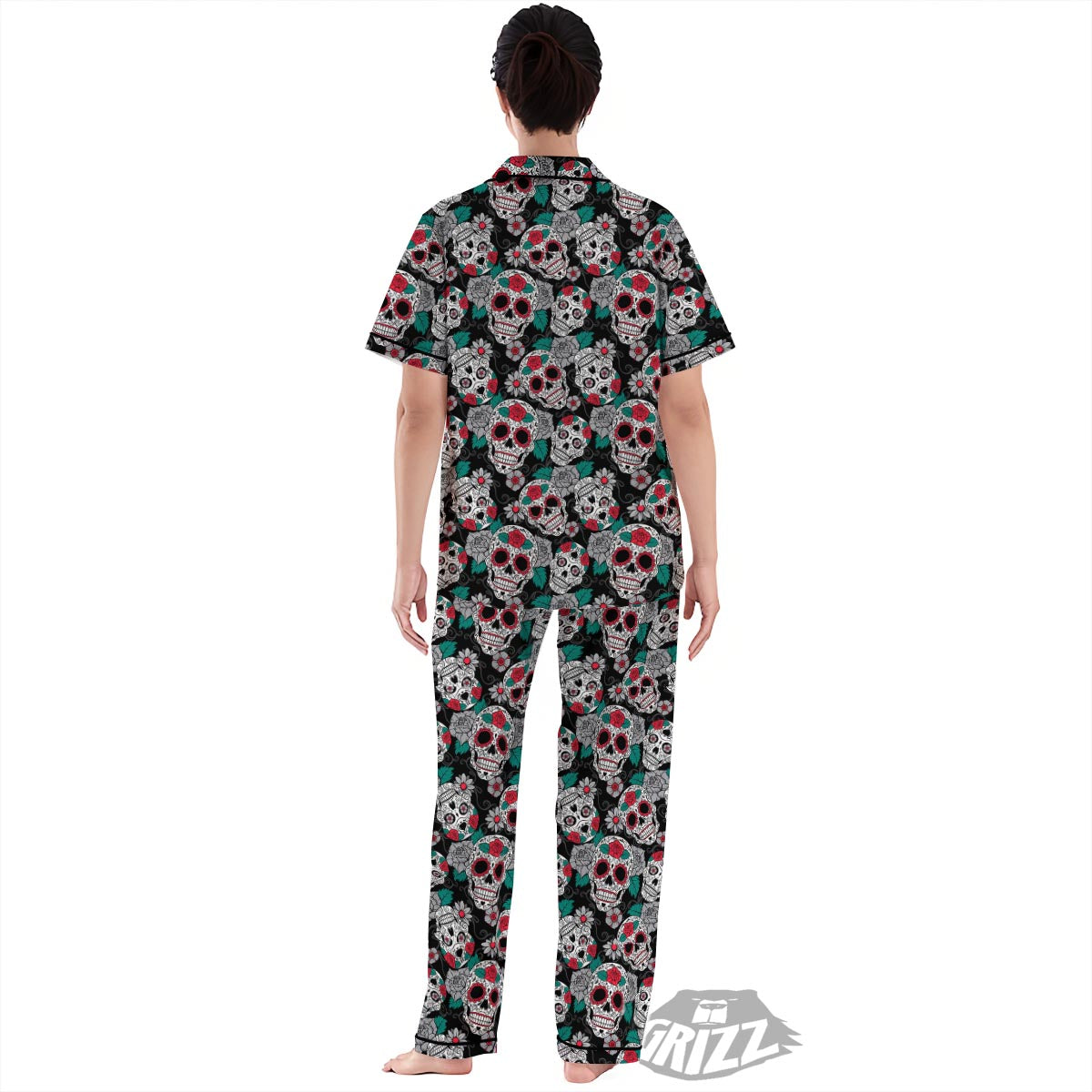 Sugar Skull Rose Floral Print Pattern Women's Pajamas Set-grizzshop