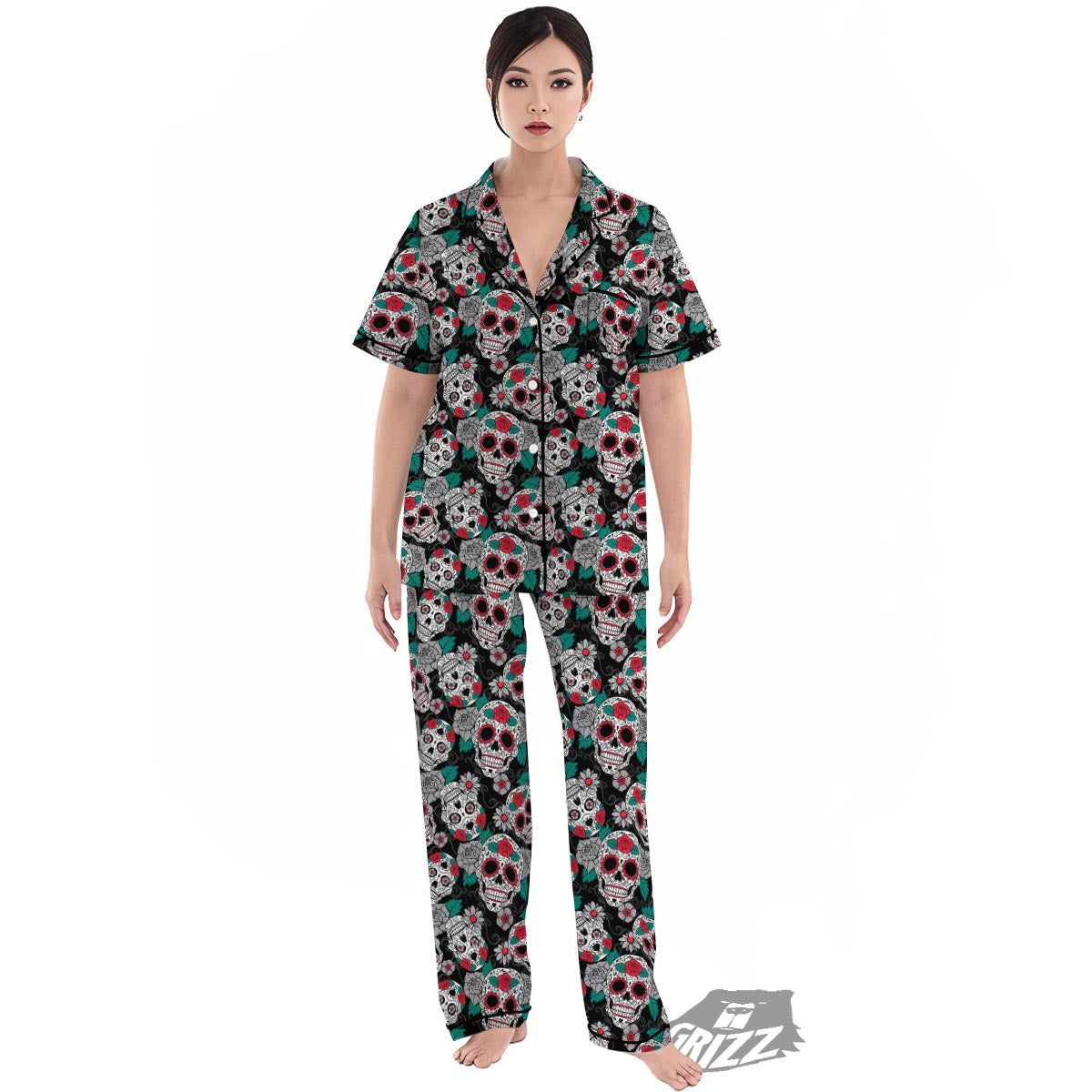 Sugar Skull Rose Floral Print Pattern Women's Pajamas Set-grizzshop
