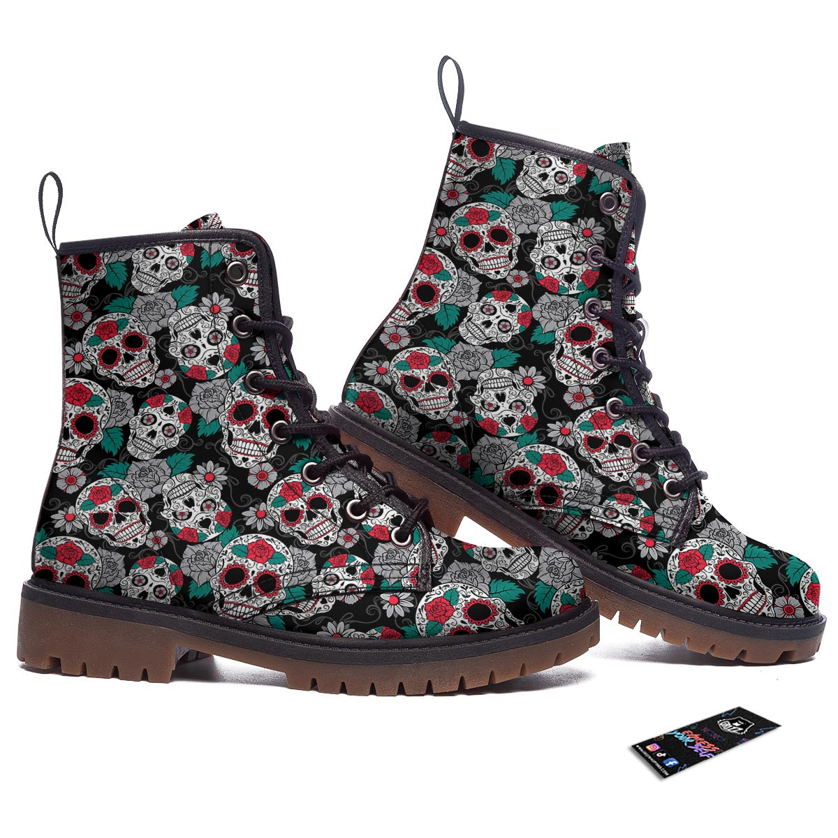 Sugar Skull Rose Floral Print Pattern Work Boots-grizzshop