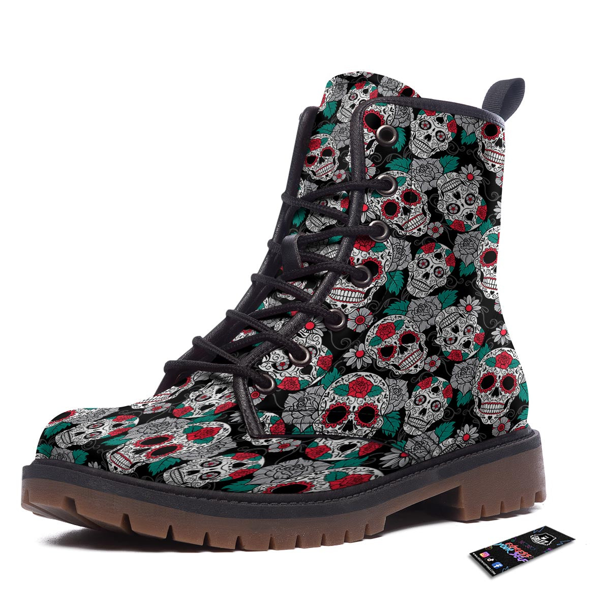 Sugar Skull Rose Floral Print Pattern Work Boots-grizzshop