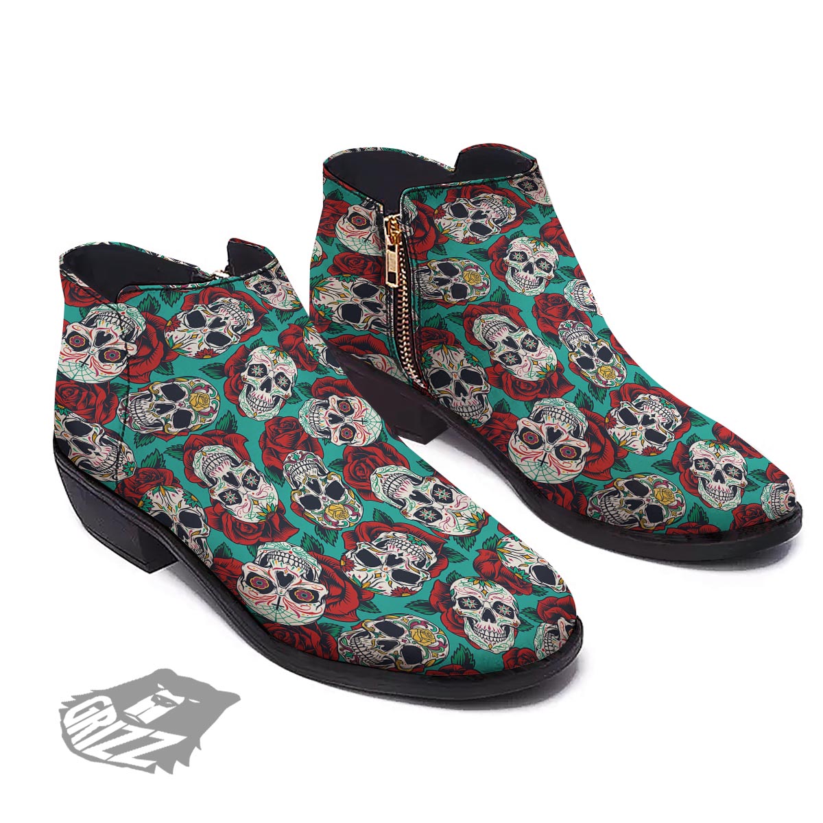Sugar Skull Rose Flower Print Pattern Ankle Boots-grizzshop