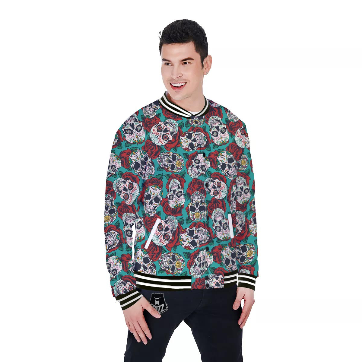 Sugar Skull Rose Flower Print Pattern Baseball Jacket-grizzshop