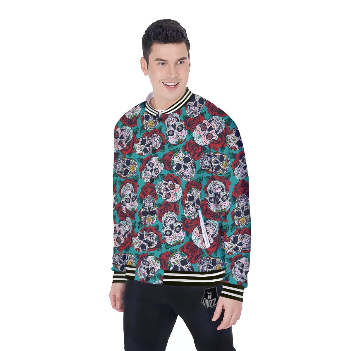 Sugar Skull Rose Flower Print Pattern Baseball Jacket-grizzshop