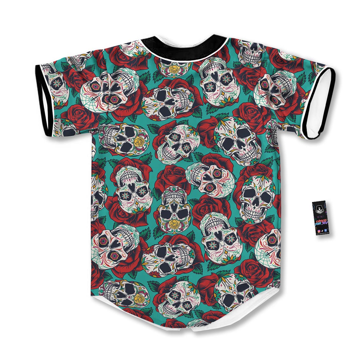 Sugar Skull Rose Flower Print Pattern Baseball Jersey-grizzshop
