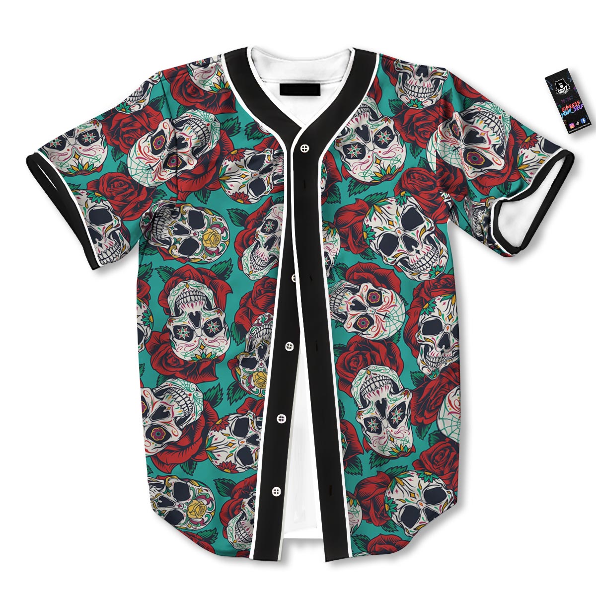Sugar Skull Rose Flower Print Pattern Baseball Jersey-grizzshop