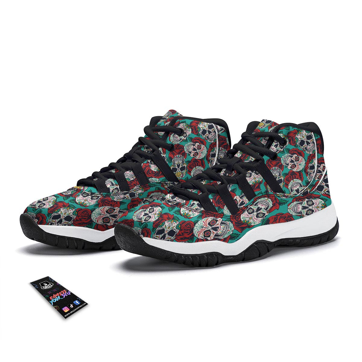 Sugar Skull Rose Flower Print Pattern Black Bball Shoes-grizzshop