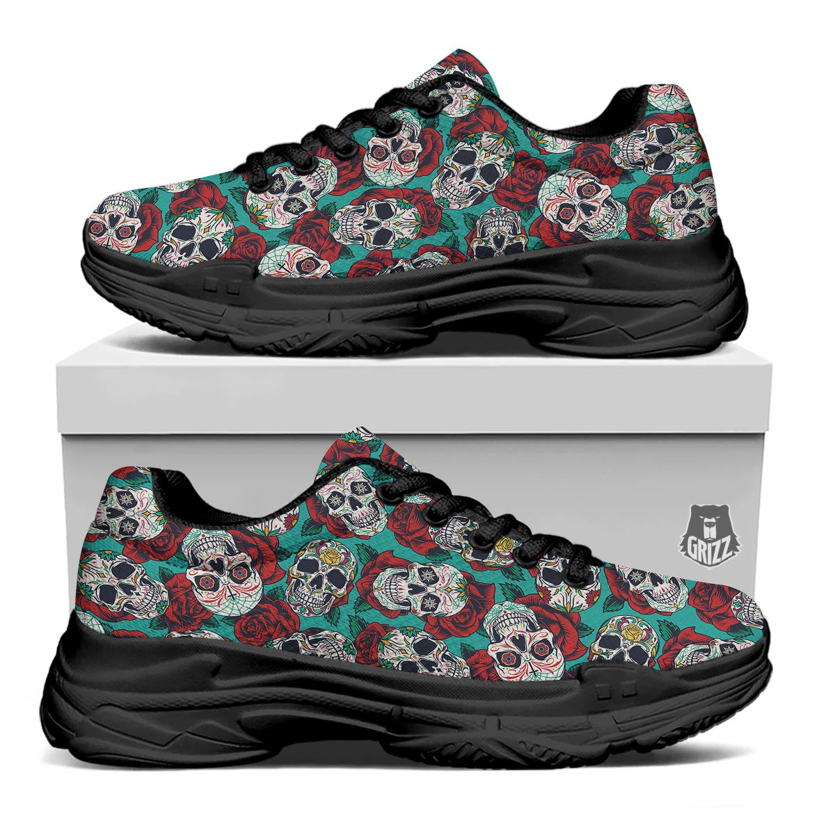 Sugar Skull Rose Flower Print Pattern Black Chunky Shoes-grizzshop