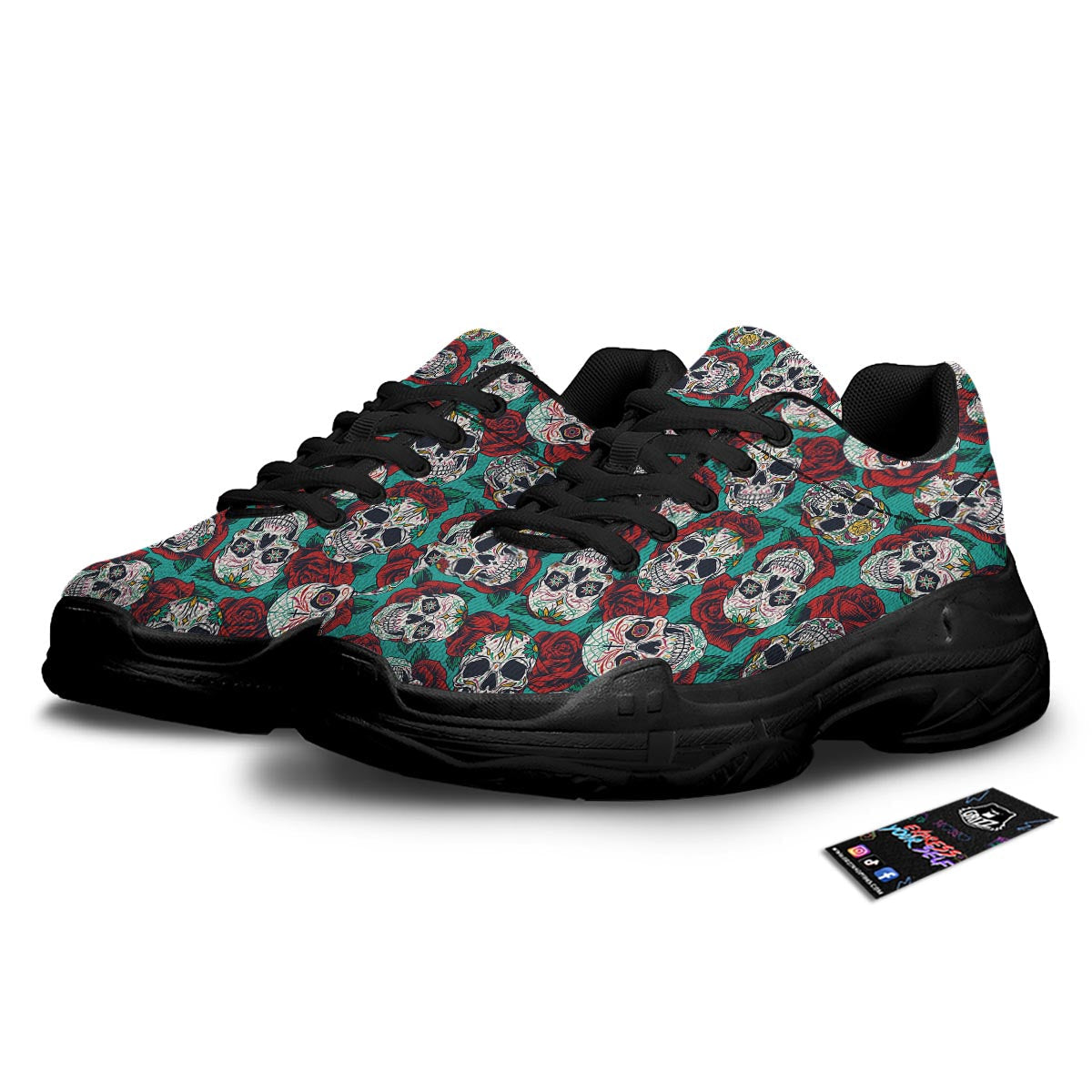 Sugar Skull Rose Flower Print Pattern Black Chunky Shoes-grizzshop