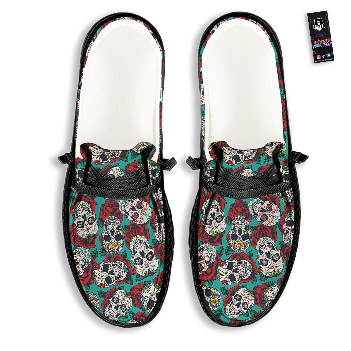 Sugar Skull Rose Flower Print Pattern Black Loafers-grizzshop