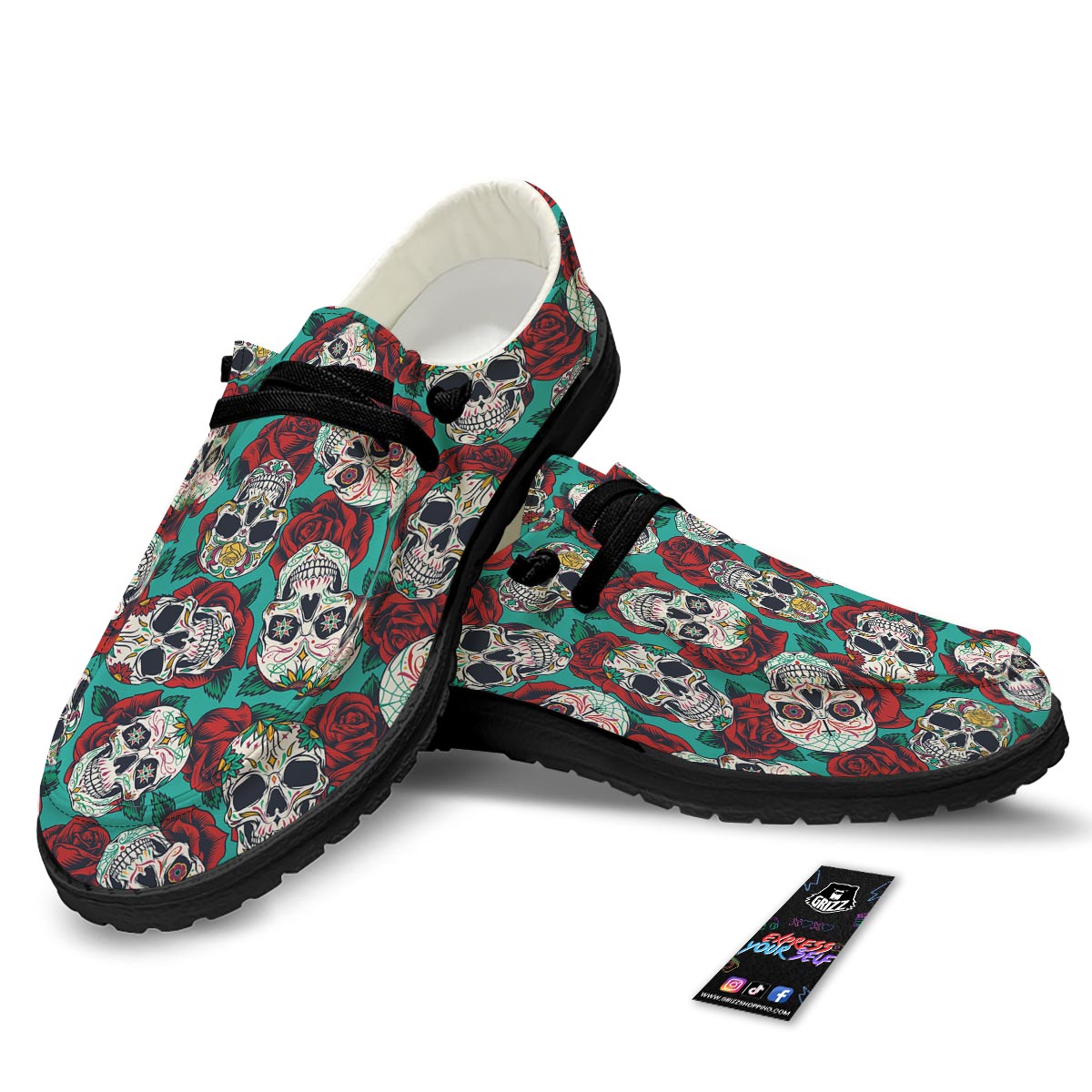 Sugar Skull Rose Flower Print Pattern Black Loafers-grizzshop