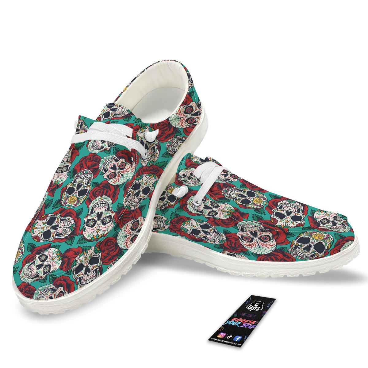 Sugar Skull Rose Flower Print Pattern Black Loafers-grizzshop