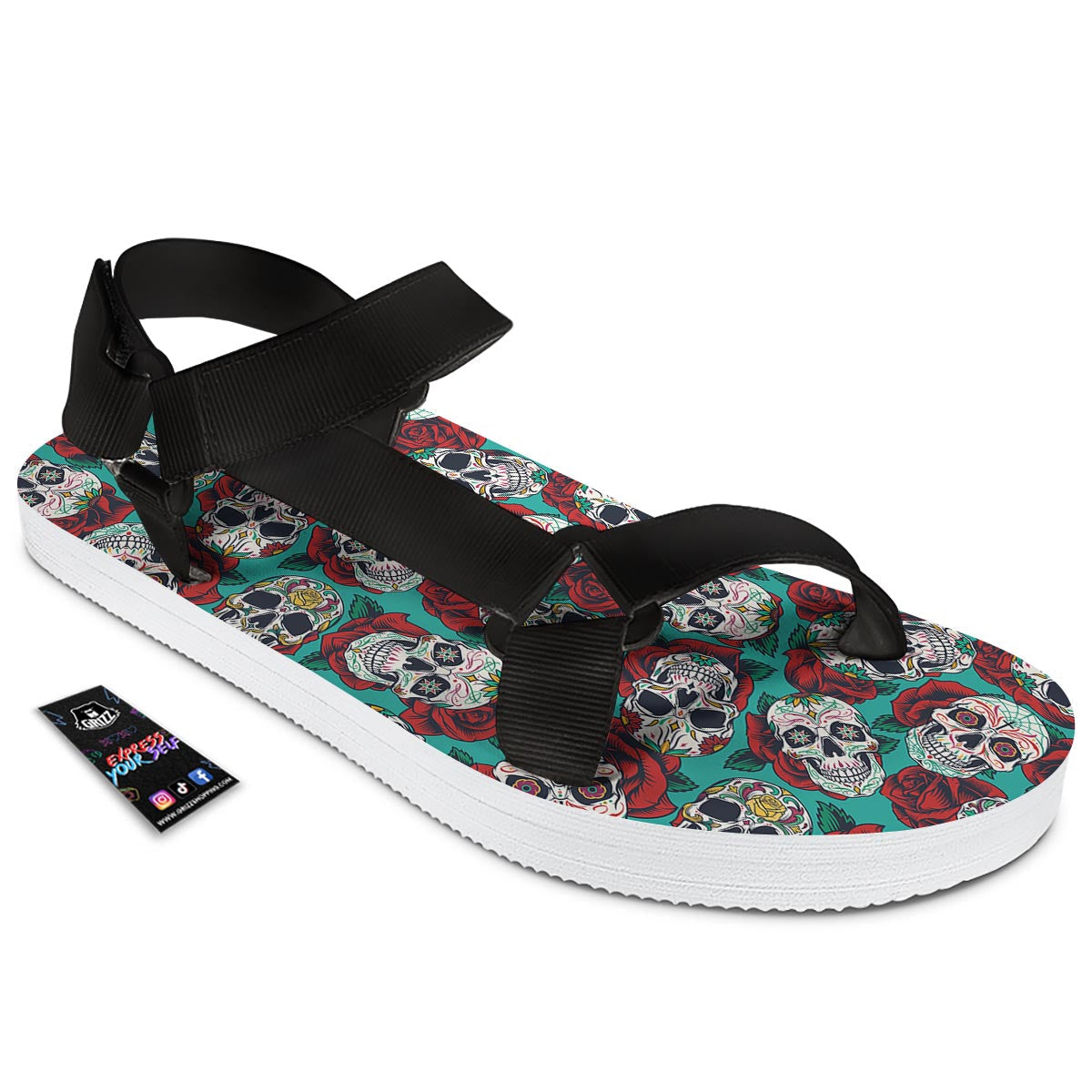 Sugar Skull Rose Flower Print Pattern Black Open Toe Sandals-grizzshop