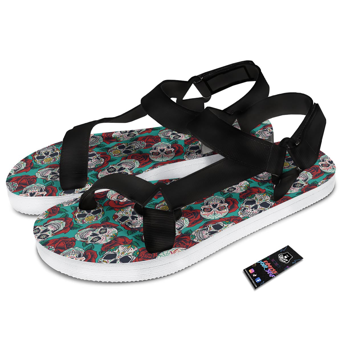 Sugar Skull Rose Flower Print Pattern Black Open Toe Sandals-grizzshop