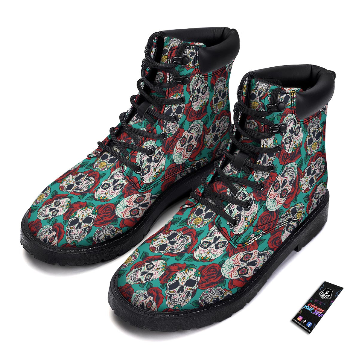 Sugar Skull Rose Flower Print Pattern Boots-grizzshop