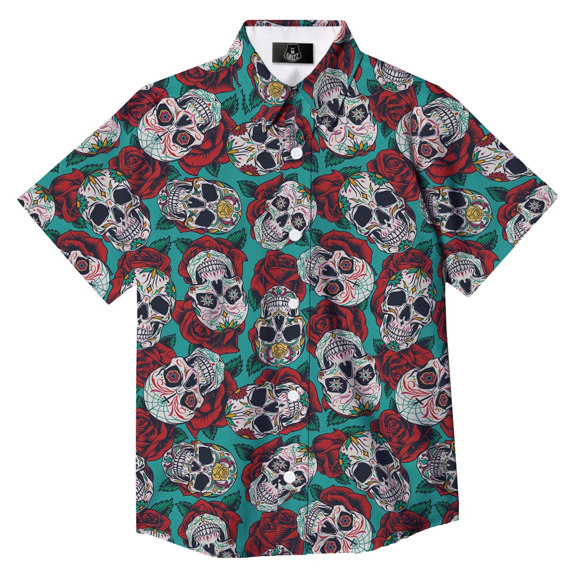Sugar Skull Rose Flower Print Pattern Button Up Shirt-grizzshop