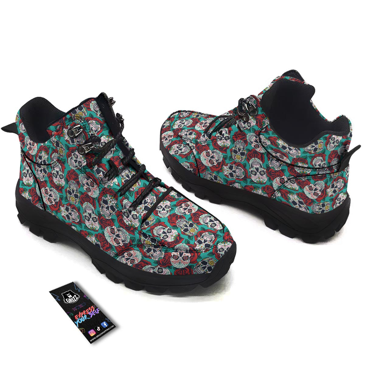 Sugar Skull Rose Flower Print Pattern Hiking Shoes-grizzshop