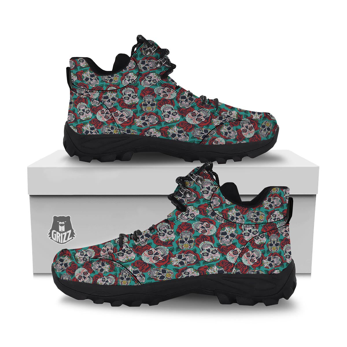 Sugar Skull Rose Flower Print Pattern Hiking Shoes-grizzshop