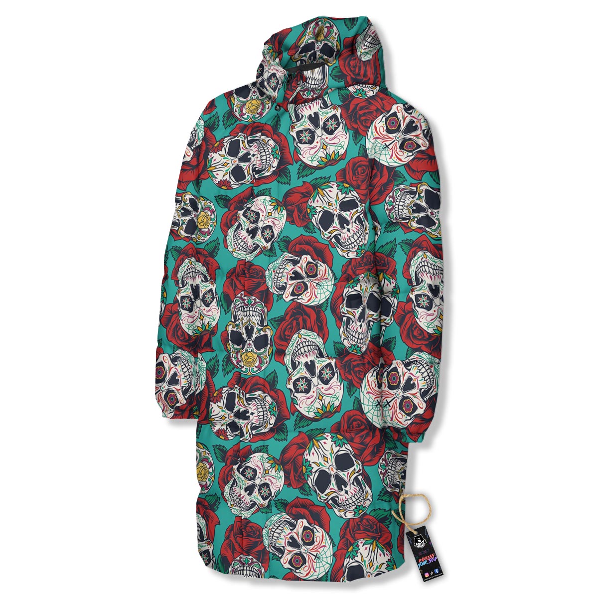 Sugar Skull Rose Flower Print Pattern Long Down Jacket-grizzshop