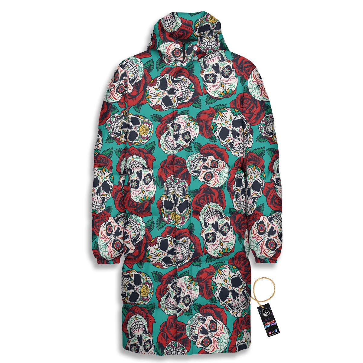 Sugar Skull Rose Flower Print Pattern Long Down Jacket-grizzshop