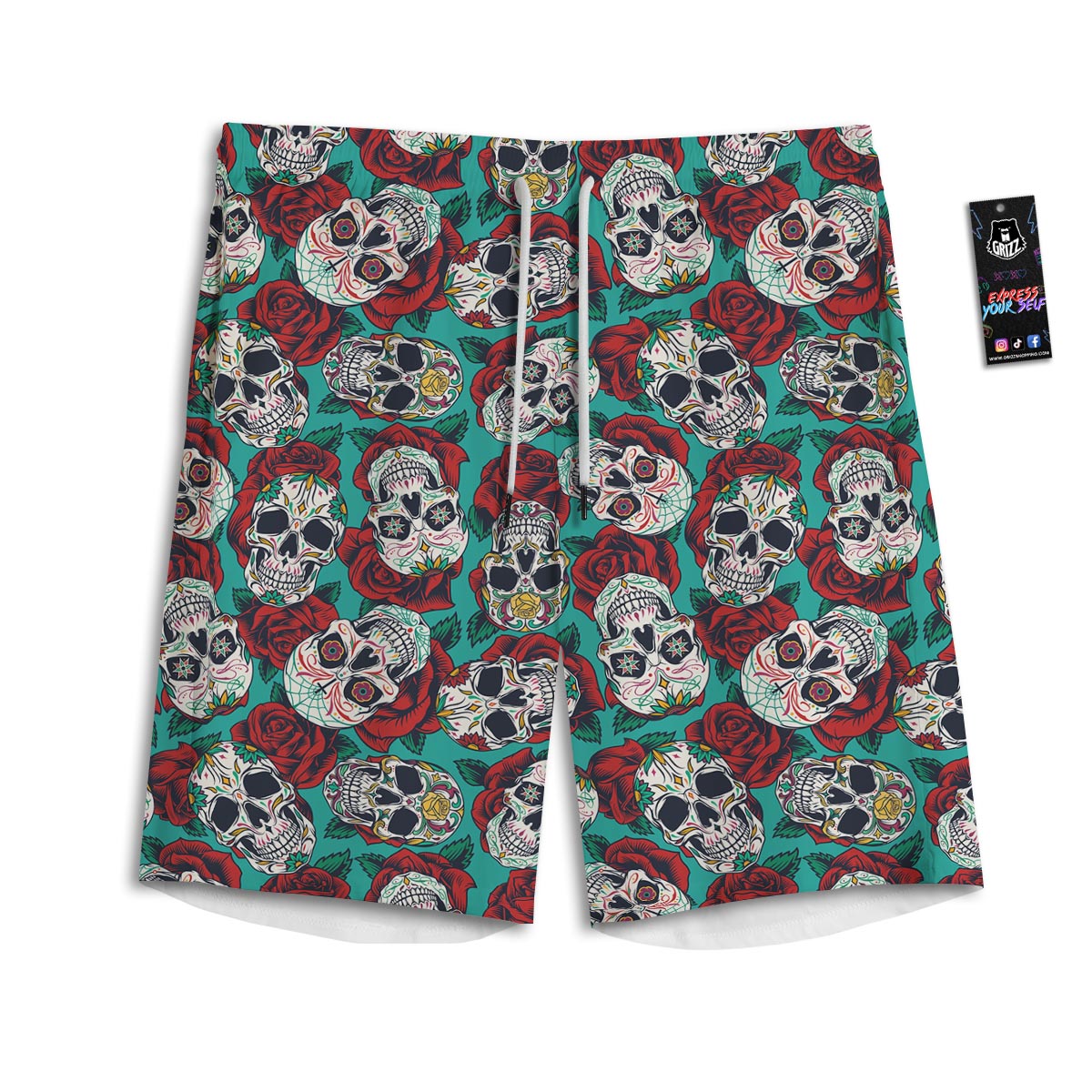 Sugar Skull Rose Flower Print Pattern Men's Athletic Shorts