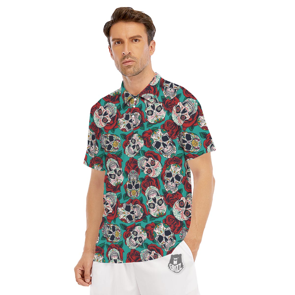 Sugar Skull Rose Flower Print Pattern Men's Golf Shirts-grizzshop