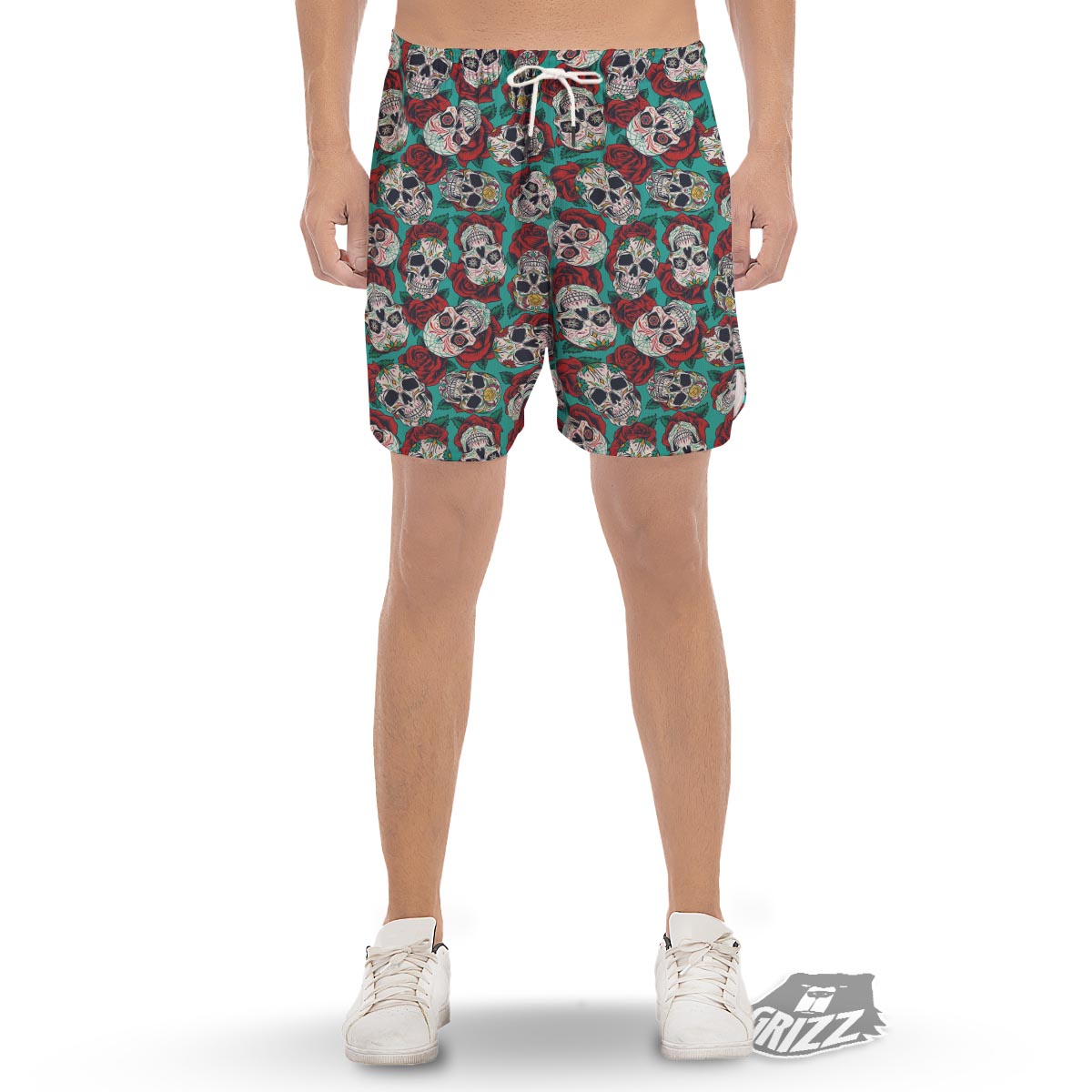 Sugar Skull Rose Flower Print Pattern Men's Gym Shorts-grizzshop