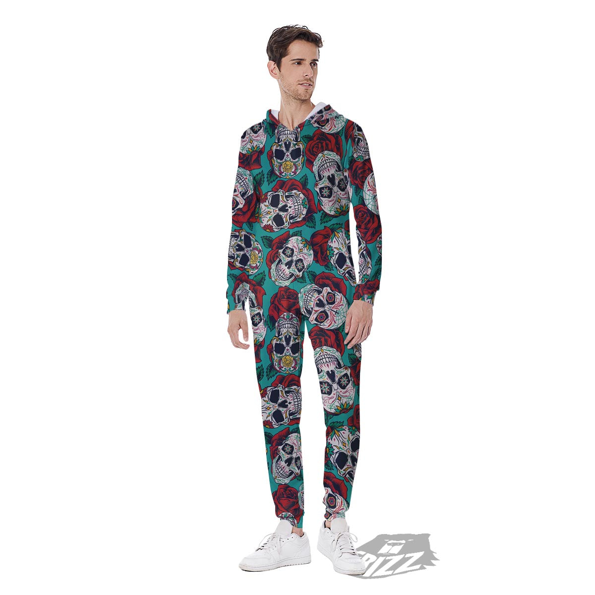 Sugar Skull Rose Flower Print Pattern Men's Jumpsuit-grizzshop