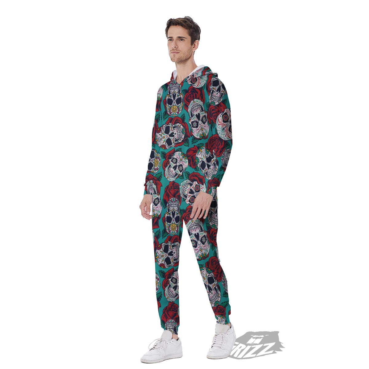 Sugar Skull Rose Flower Print Pattern Men's Jumpsuit-grizzshop