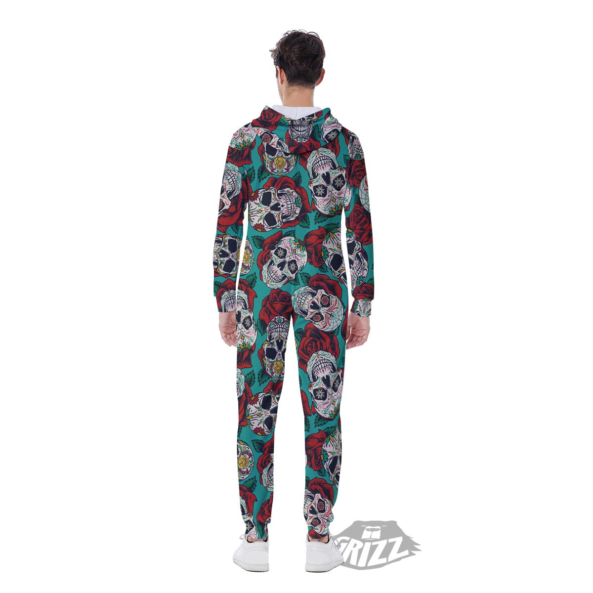 Sugar Skull Rose Flower Print Pattern Men's Jumpsuit-grizzshop