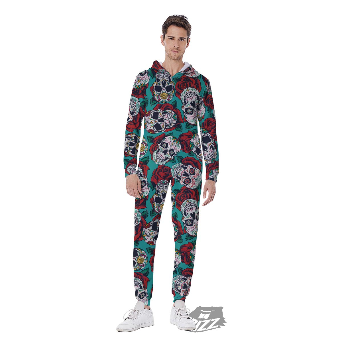 Sugar Skull Rose Flower Print Pattern Men's Jumpsuit-grizzshop