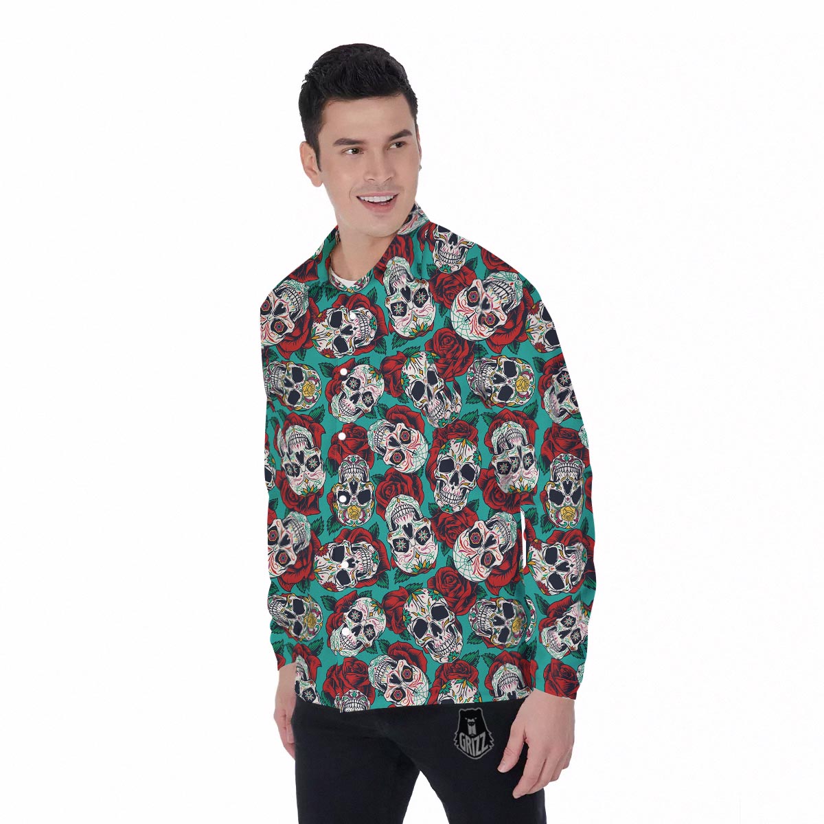 Sugar Skull Rose Flower Print Pattern Men's Long Sleeve Shirts-grizzshop