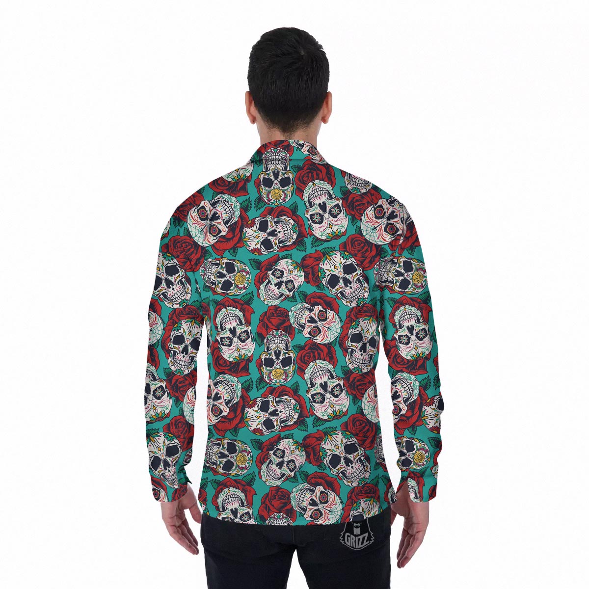 Sugar Skull Rose Flower Print Pattern Men's Long Sleeve Shirts-grizzshop