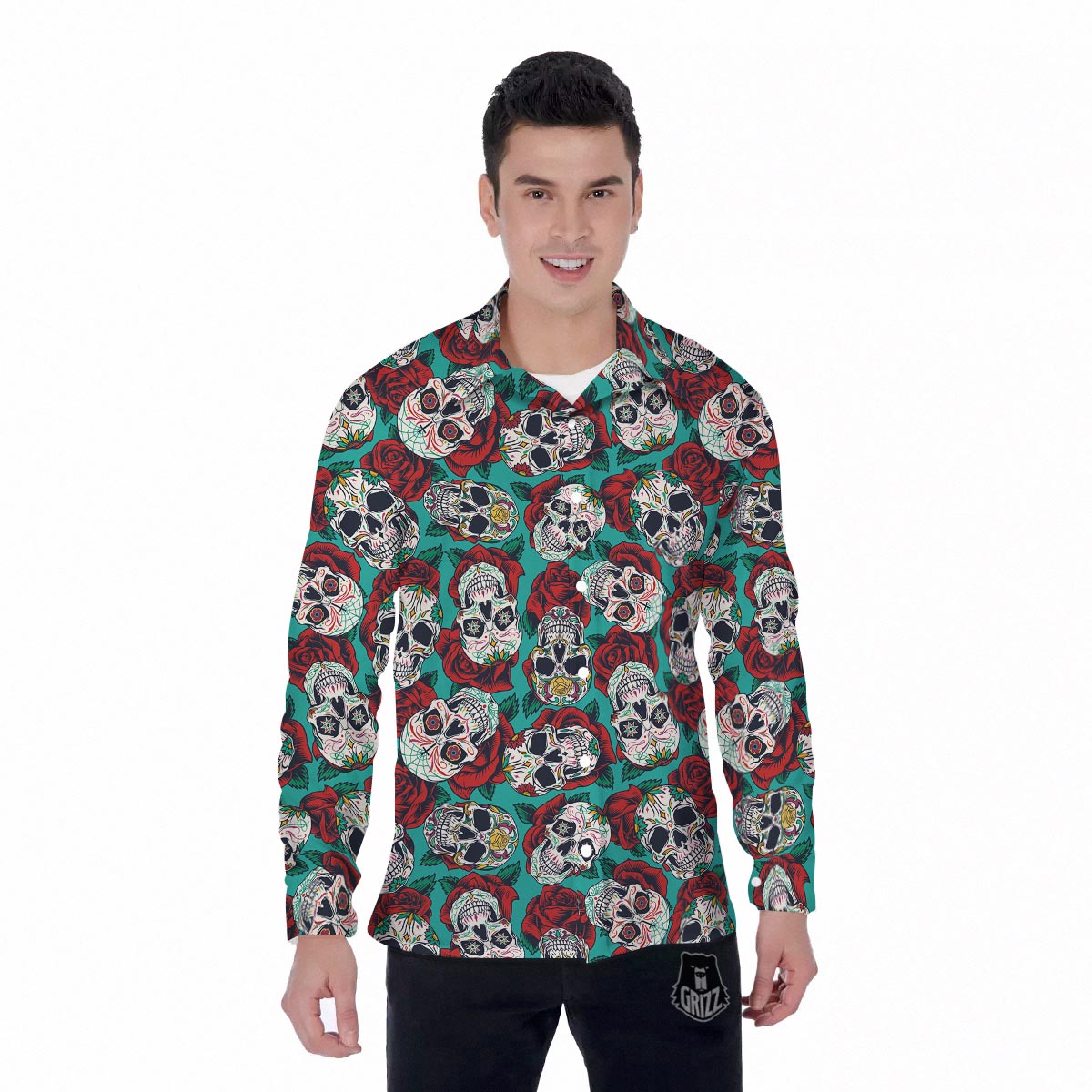Sugar Skull Rose Flower Print Pattern Men's Long Sleeve Shirts-grizzshop