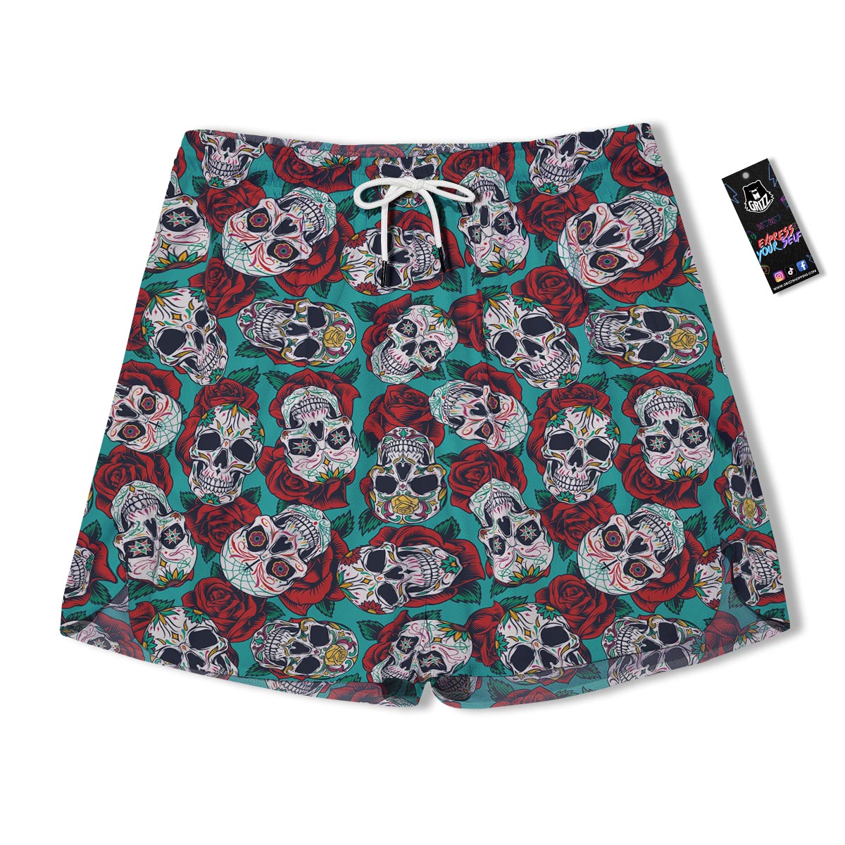 Sugar Skull Rose Flower Print Pattern Men's Running Shorts-grizzshop