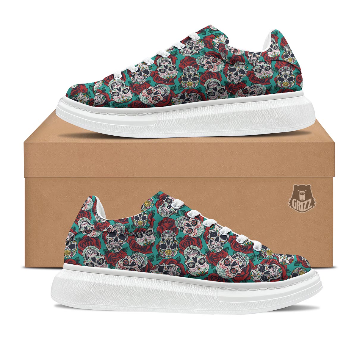 Sugar Skull Rose Flower Print Pattern Platform Shoes-grizzshop