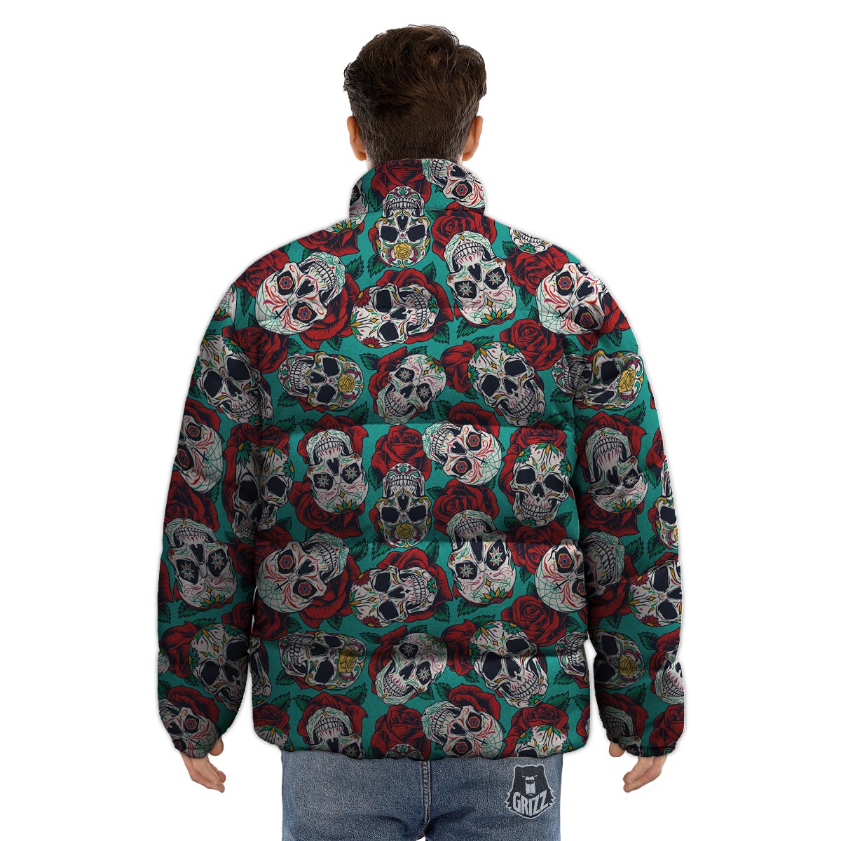 Sugar Skull Rose Flower Print Pattern Puffer Jacket-grizzshop