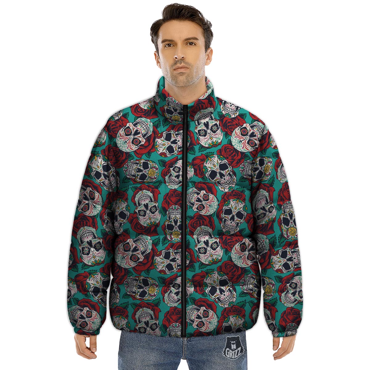 Sugar Skull Rose Flower Print Pattern Puffer Jacket-grizzshop