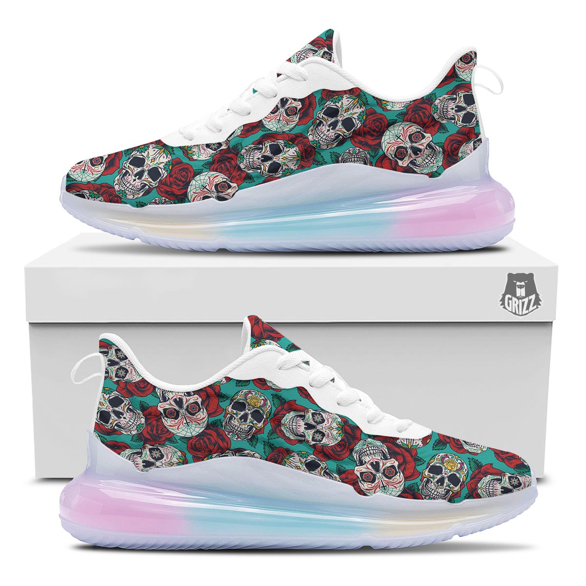 Sugar Skull Rose Flower Print Pattern Running Sneakers-grizzshop