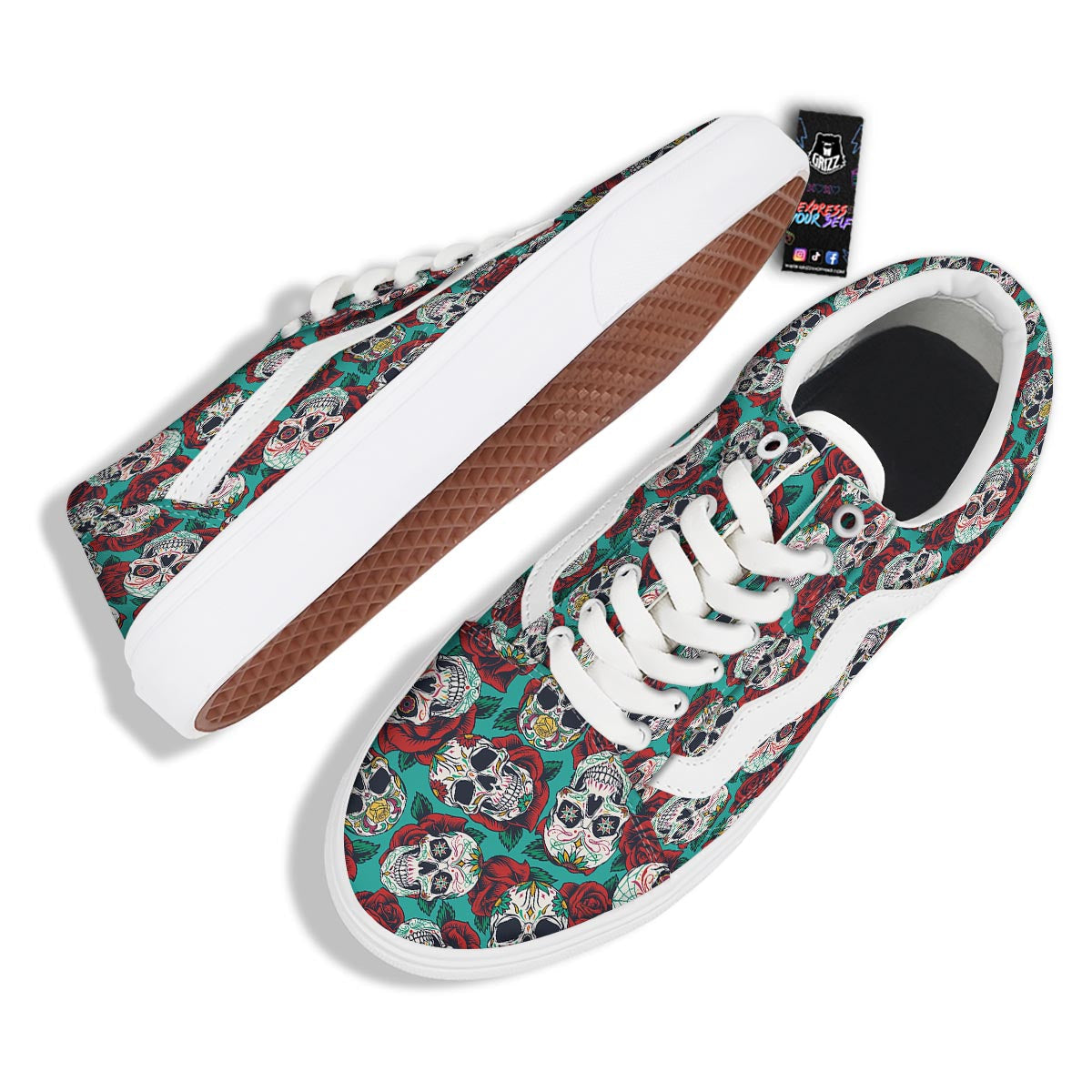 Sugar Skull Rose Flower Print Pattern Skate Shoes-grizzshop