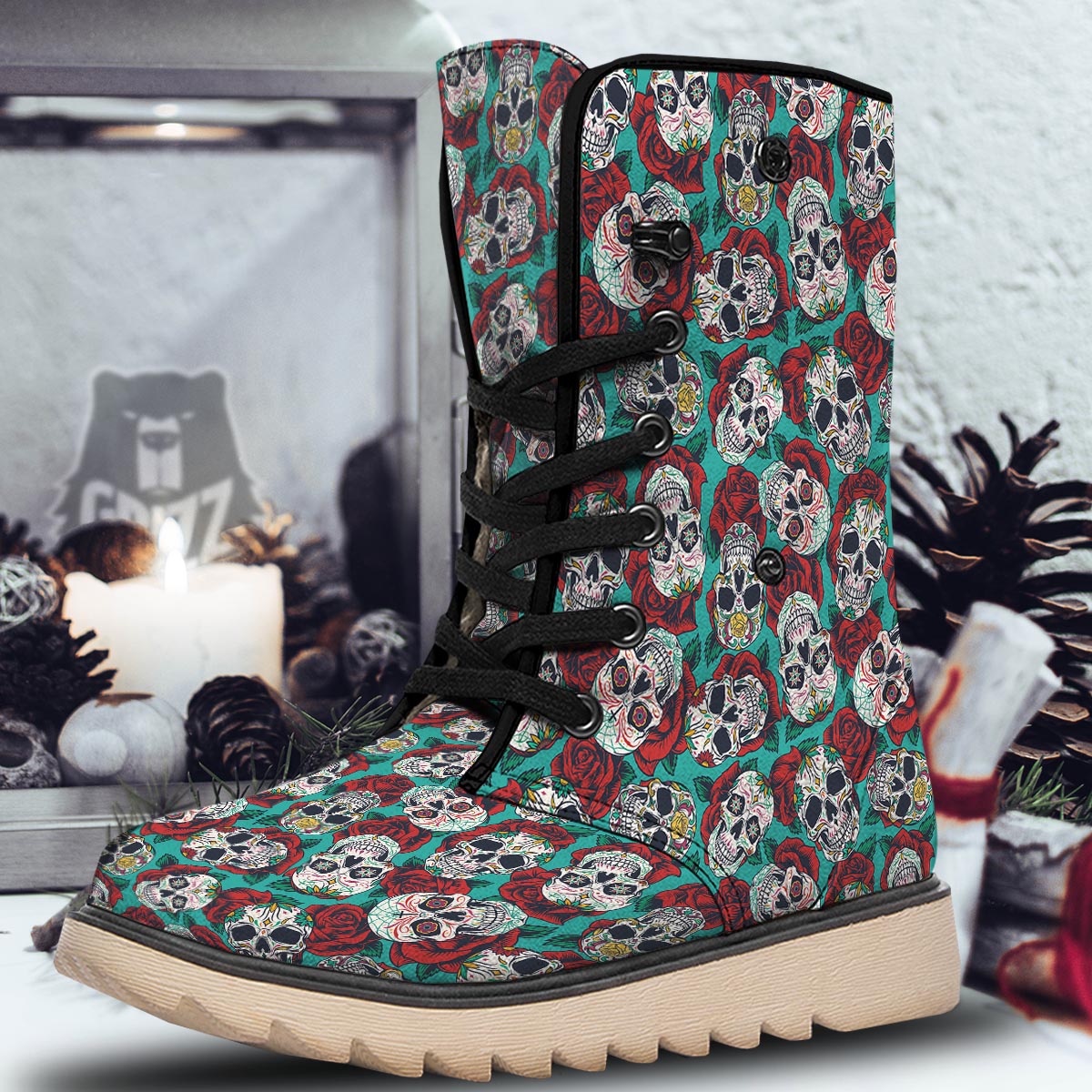 Sugar Skull Rose Flower Print Pattern Snow Boots-grizzshop