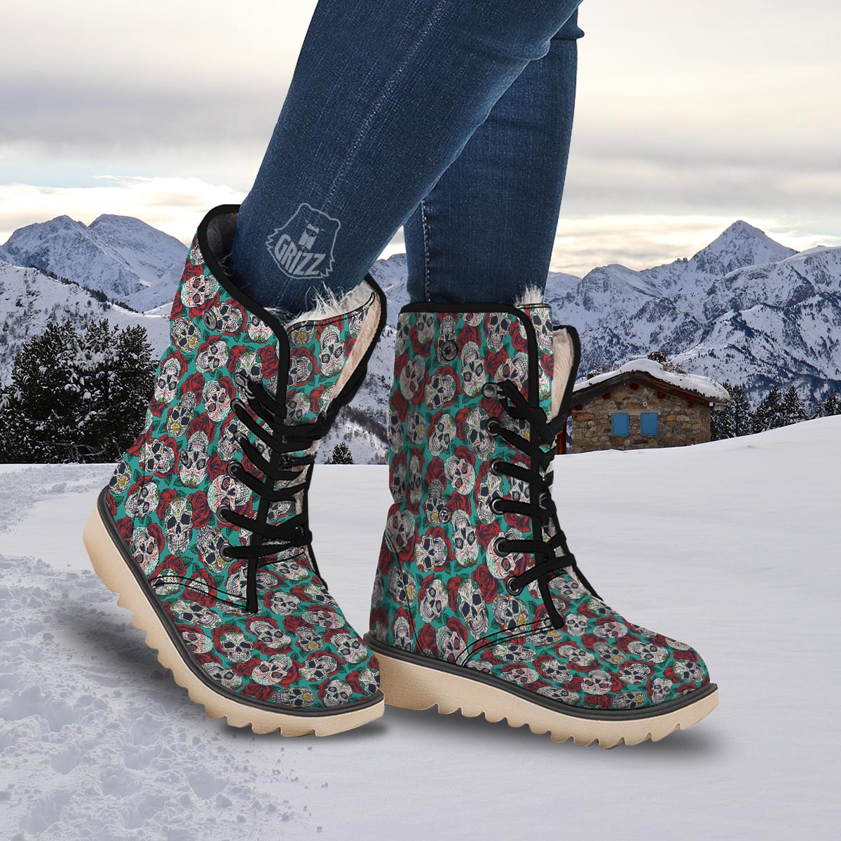 Sugar Skull Rose Flower Print Pattern Snow Boots-grizzshop