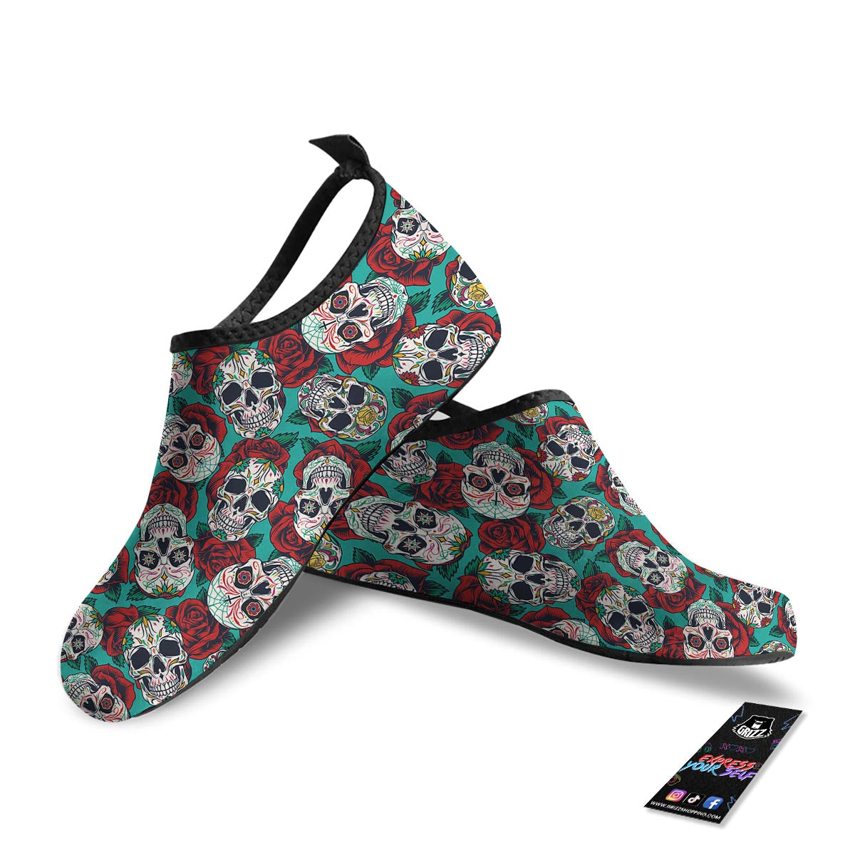 Sugar Skull Rose Flower Print Pattern Water Shoes-grizzshop