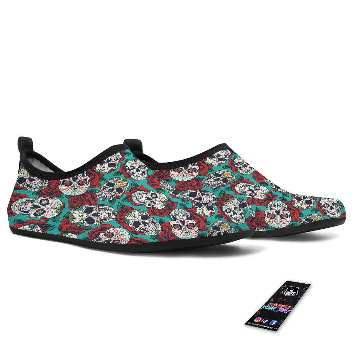 Sugar Skull Rose Flower Print Pattern Water Shoes-grizzshop