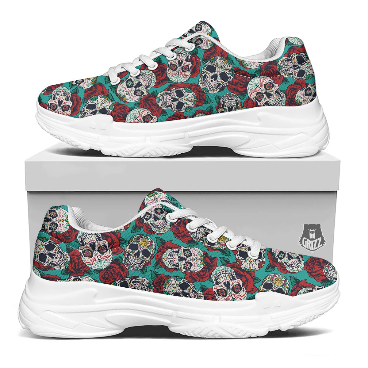 Sugar Skull Rose Flower Print Pattern White Chunky Shoes-grizzshop