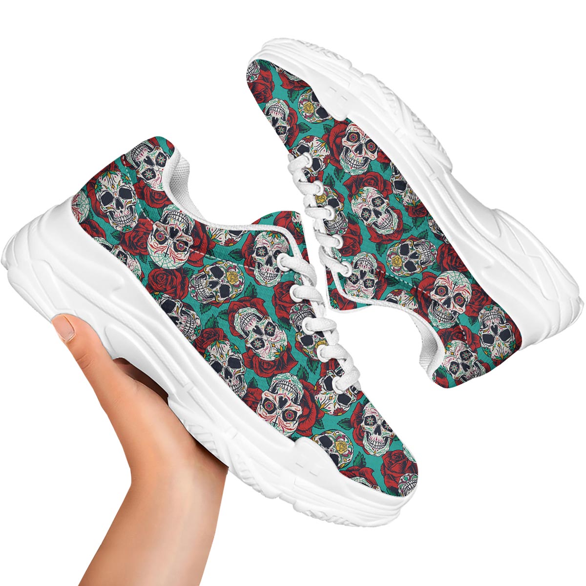 Sugar Skull Rose Flower Print Pattern White Chunky Shoes-grizzshop